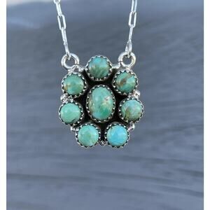 Turquoise Cluster Bar Necklace Southwestern Sterling Silver Snake Oval Flower
